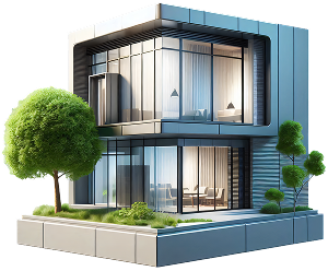 Modern two-story house with large glass windows and surrounding green trees and grass.